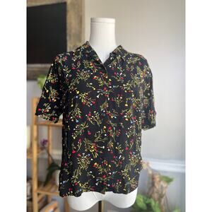 Vintage 90s Black Button Front Blouse Short Sleeve Floral Tulips Size Medium